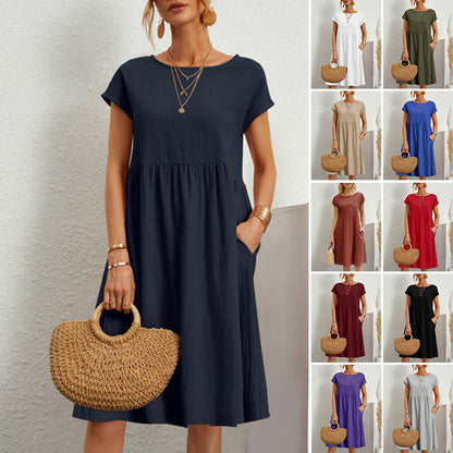😍【Oferta de cambio de temporada】👗【S-5XL】Vestido de mujer 2026 de algodón y lino, con cuello redondo y corte cómodo