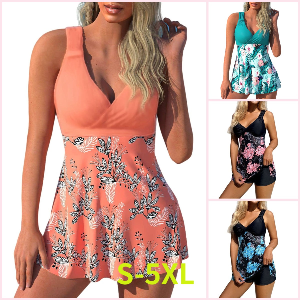 🌴🏖️🌈【S-5XL】😍 Duży damski zestaw kostiumów kąpielowych z nadrukiem, spodenki, spódniczka do pływania z odkrytymi plecami, szybkoschnący materiał - 4222133