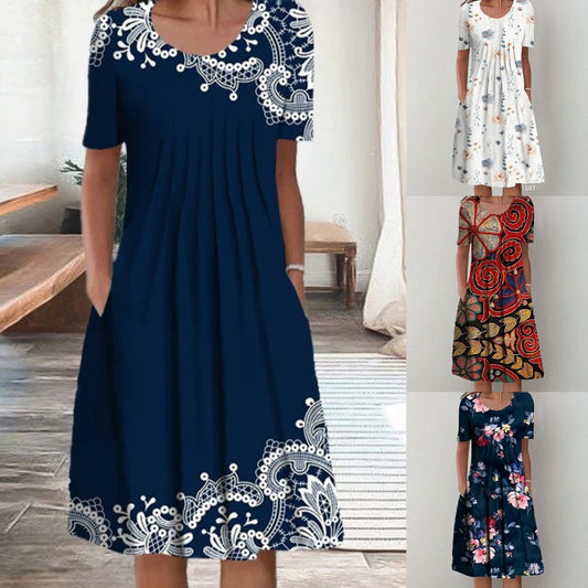 【Sleva 50 %】【Velikosti S-5XL】🌺🌺 Moderní šaty s kulatým výstřihem a potiskem.