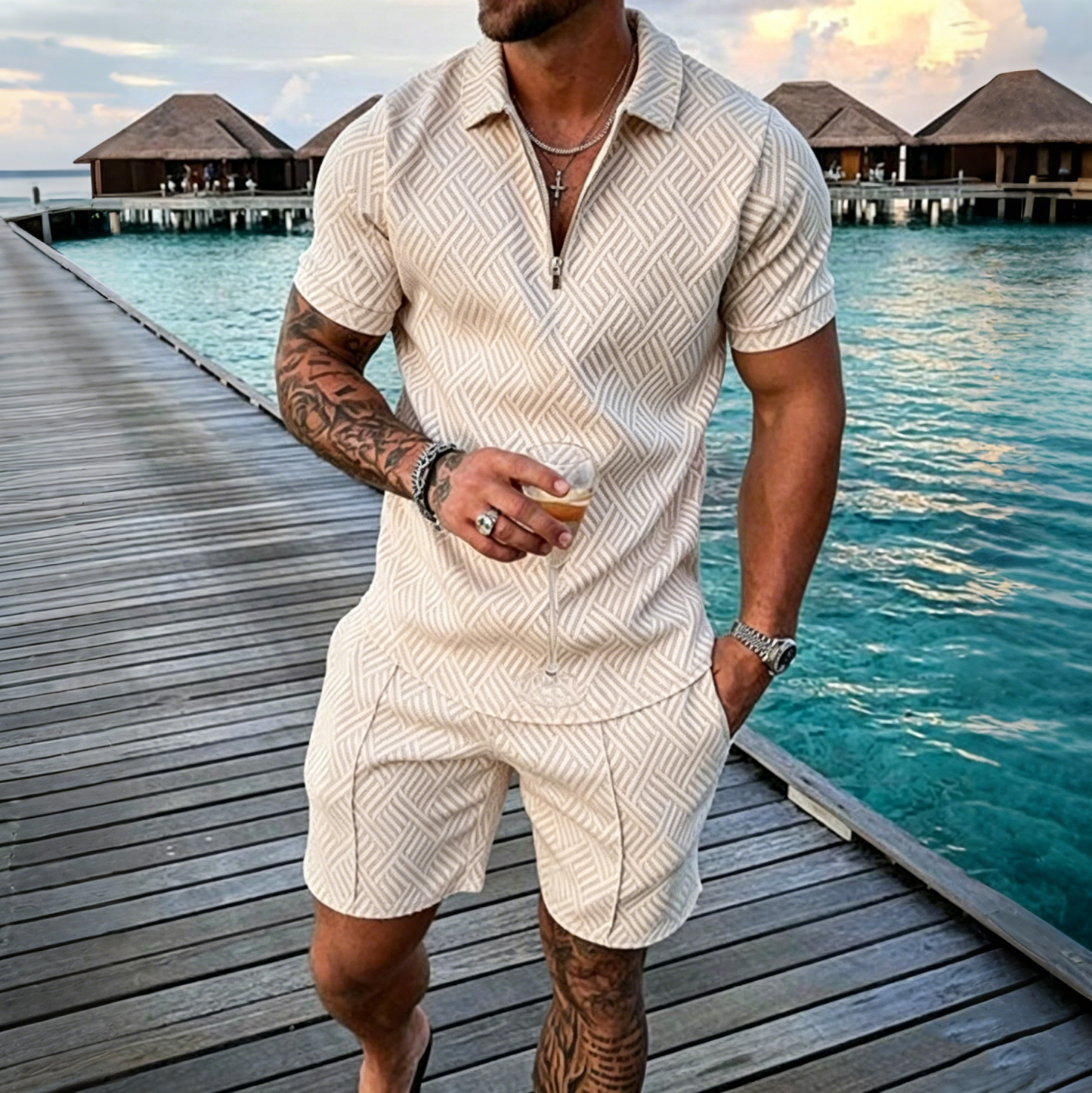 😎 50% de descuento🔥【Camiseta + Pantalones】 (40-130 kg) Conjunto de polo con cremallera y estampado 3D para hombre ✅️Pago contra entrega ✅️2 artículos con un 70% de descuento