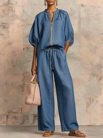 Maribel | Conjunto de lino con mangas murciélago y pantalón ancho