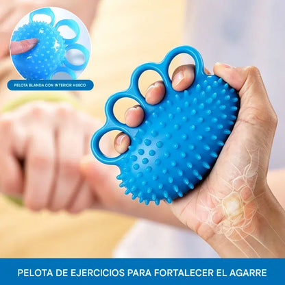 Pelota de entrenamiento ortopédico para la rehabilitación de dedos y manos, con anillo de sujeción.