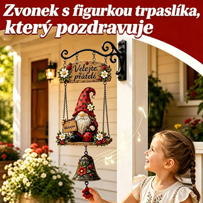 Vítací zvonek se zahradním trpaslíkem, cedulka „Welcome“, retro zvonek z bronzu, železný nástěnný držák, dekorace na zahradu a terasu