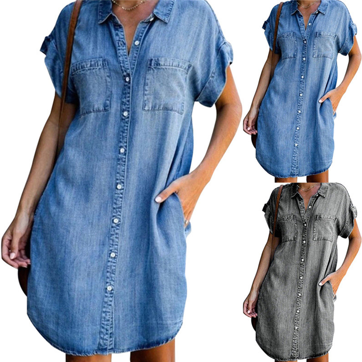 🔥【Sleva 50 %】【Kupte 1 a získejte 1 zdarma】【S-5XL】Dámské džínové šaty s krátkým rukávem-4045164