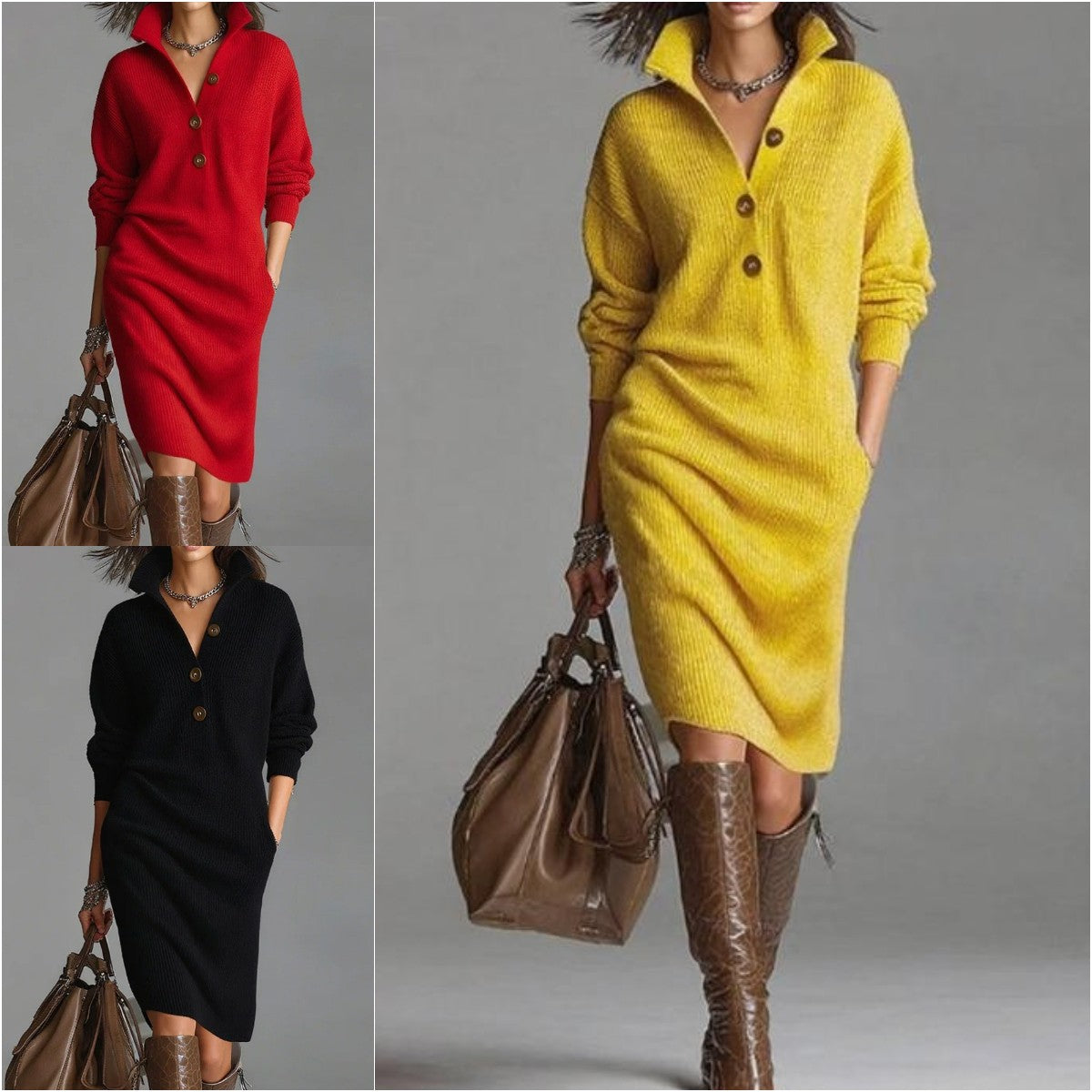 🔥【S-3XL】Nova europska i američka pletena haljina s ovratnikom iz 2025-4165758