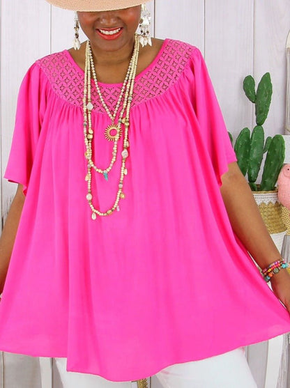 【XL-8XL】Dámské letní nové jednobarevné volné krajkové oblečení pro větší velikosti