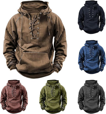 💥【S-3XL】Nová pánská retro mikina se stahovací šňůrkou a několika kapsami, volný svetr pro větší velikosti