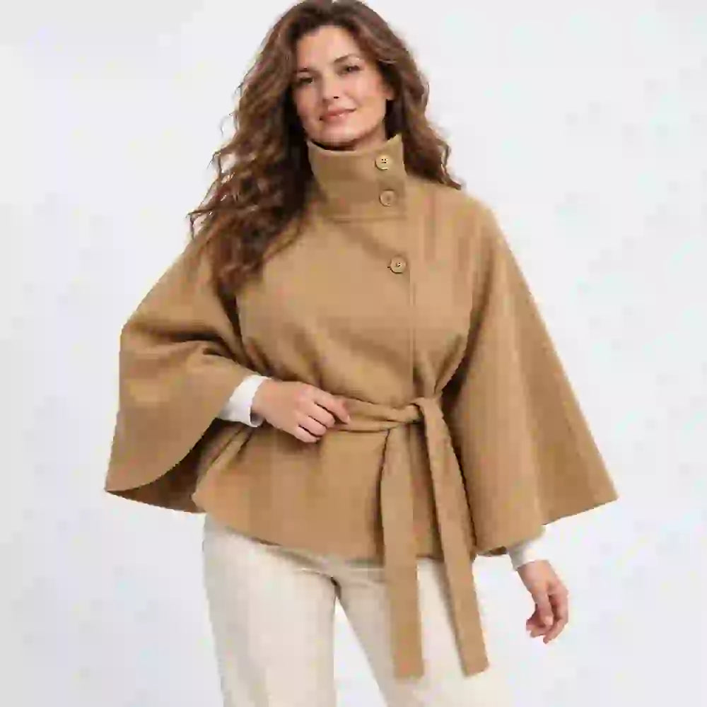 【S–3XL】Nová módní dámská bunda ve stylu pláště pro podzim a zimu – jednobarevná, se stojáčkem, knoflíky a páskem