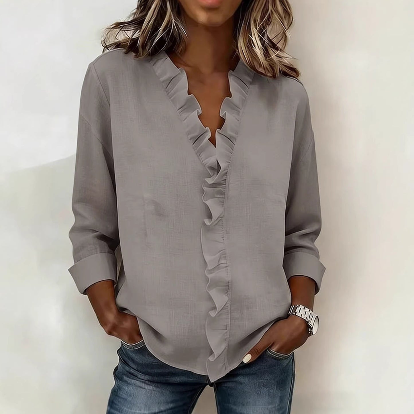 🔥 Pago contra reembolso ✅️【40-100kg】Camisa vaquera informal para mujer con cuello en V y volantes