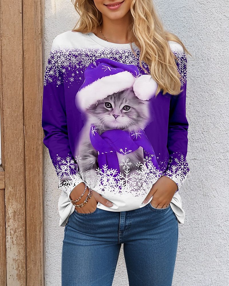  ✨🌸【S-8XL】 Świąteczna koszulka z długim rękawem i nadrukiem 3D z kotem-4162995