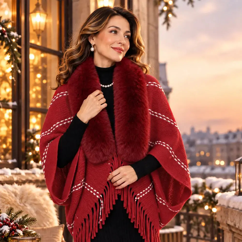 Poncho de Punto con Cuello de Piel y Borlas 🧣 Elegante Chal Abrigado para Mujer Otoño Invierno ❄️ Suéter Holgado Versátil que Estiliza la Silueta ✨