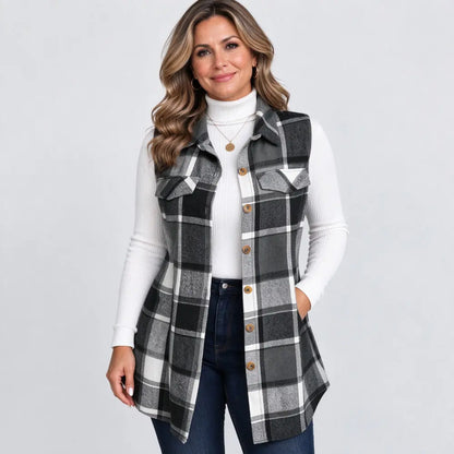 🧥 【S-5XL】Nuevo chaleco sin mangas para mujer: estampado de cuadros, con cuello, largo medio y disponible en tallas grandes