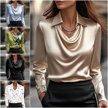 🔥✨Elegantní dámská hedvábná blůza s vysokým límcem, dlouhými rukávy, prodyšná a pohodlná.