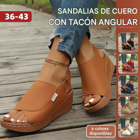 🔥【36-43】Sandalias de cuero con tacón inclinado y suela suave: máxima comodidad y soporte durante todo el día.