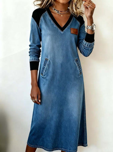 ✅Pago contra reembolso【50% de descuento】【Tallas S-3XL】Nuevo vestido vaquero de cuello en V con bloques de color de moda