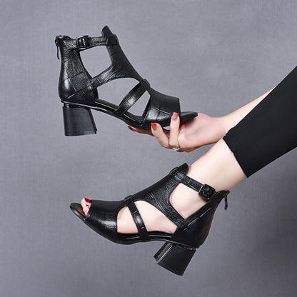👡✨【35-40】Νέα σανδάλια από μαλακό δέρμα, με στυλ «ψαροκόκαλο», «ψαροστόμα», «κενό στόμα» και χοντρό τακούνι