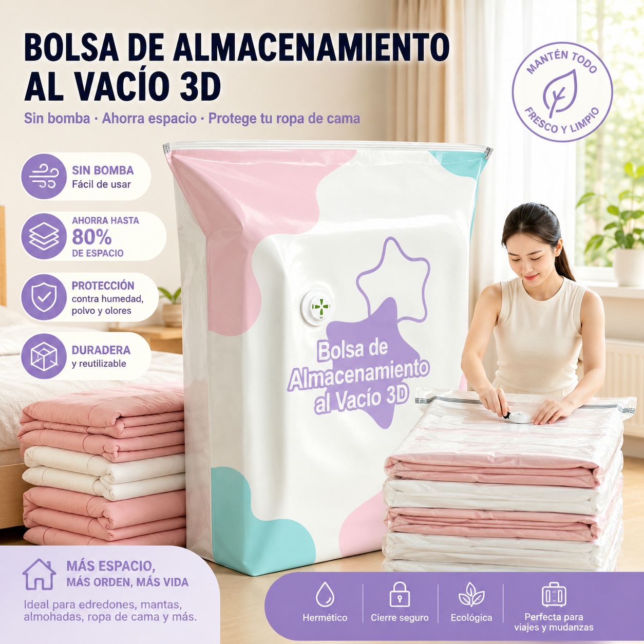🧳【Juego de 5 piezas】💨 Bolsa de almacenamiento al vacío grande y compresible: no requiere bomba, es a prueba de fugas e ideal para ahorrar espacio en maletas y en casa ✈️