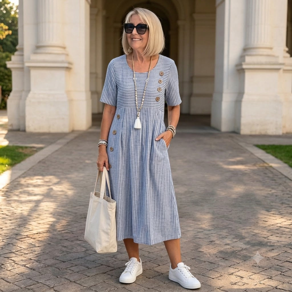 👗🏕️【S-2XL】Vestido midi a rayas, ligero y fresco