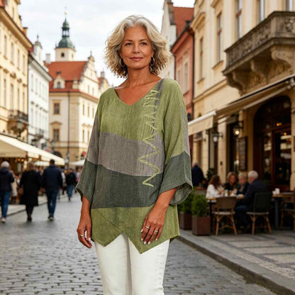 ⏳ Poslední den – sleva 50 % 😍【S~5XL】Dámský elegantní ležérní top s výstřihem do V a dlouhým rukávem, uměleckým vzorem a potiskem