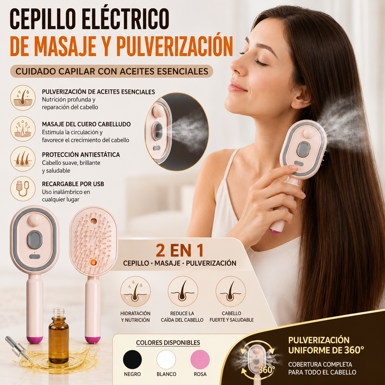 💖💨Un peine con función de pulverización de un solo botón para evitar eficazmente que el cabello se enrede.