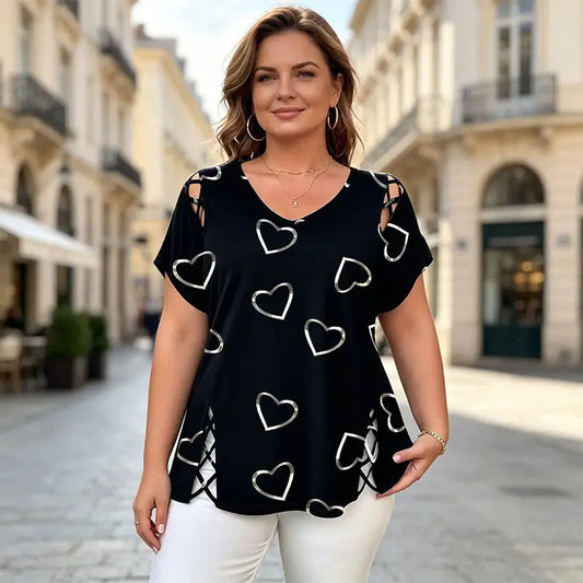 ✨👚【S-5XL】Camiseta de manga corta para mujer con estampado de corazón calado y lazo, a la moda