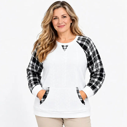 【S–2XL / 6 barev】Podzimní/zimní svetr s kostkovaným vzorem – západní styl, volný střih, dlouhé rukávy, kulatý výstřih, patchwork