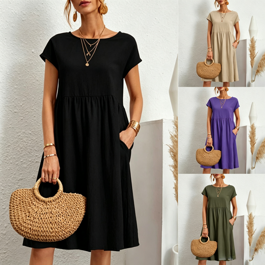 😍【Oferta por tiempo limitado】👗【S-5XL】Vestido de mujer 2026 de algodón y lino, con cuello redondo y corte cómodo