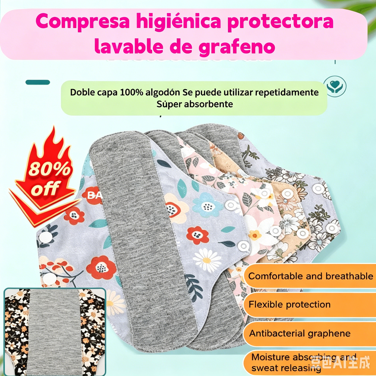 🔥🌈【5 piezas】Almohadilla antibacteriana de algodón y grafeno lavable