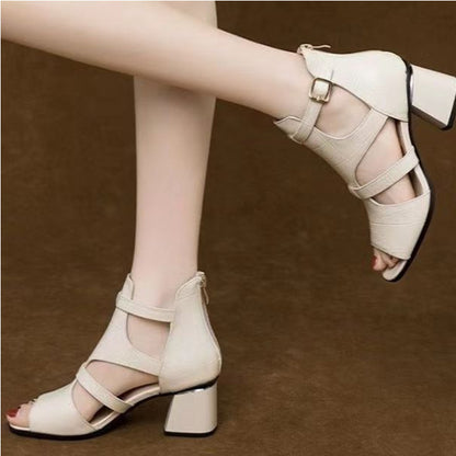 👡✨【35-40】Νέα σανδάλια από μαλακό δέρμα, με στυλ «ψαροκόκαλο», «ψαροστόμα», «κενό στόμα» και χοντρό τακούνι