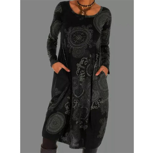 💟【45% OFF】【Kupte 1 kus, získejte 1 kus zdarma】Svetrové šaty s potiskem v etnickém stylu Dlouhá sukně-3916429