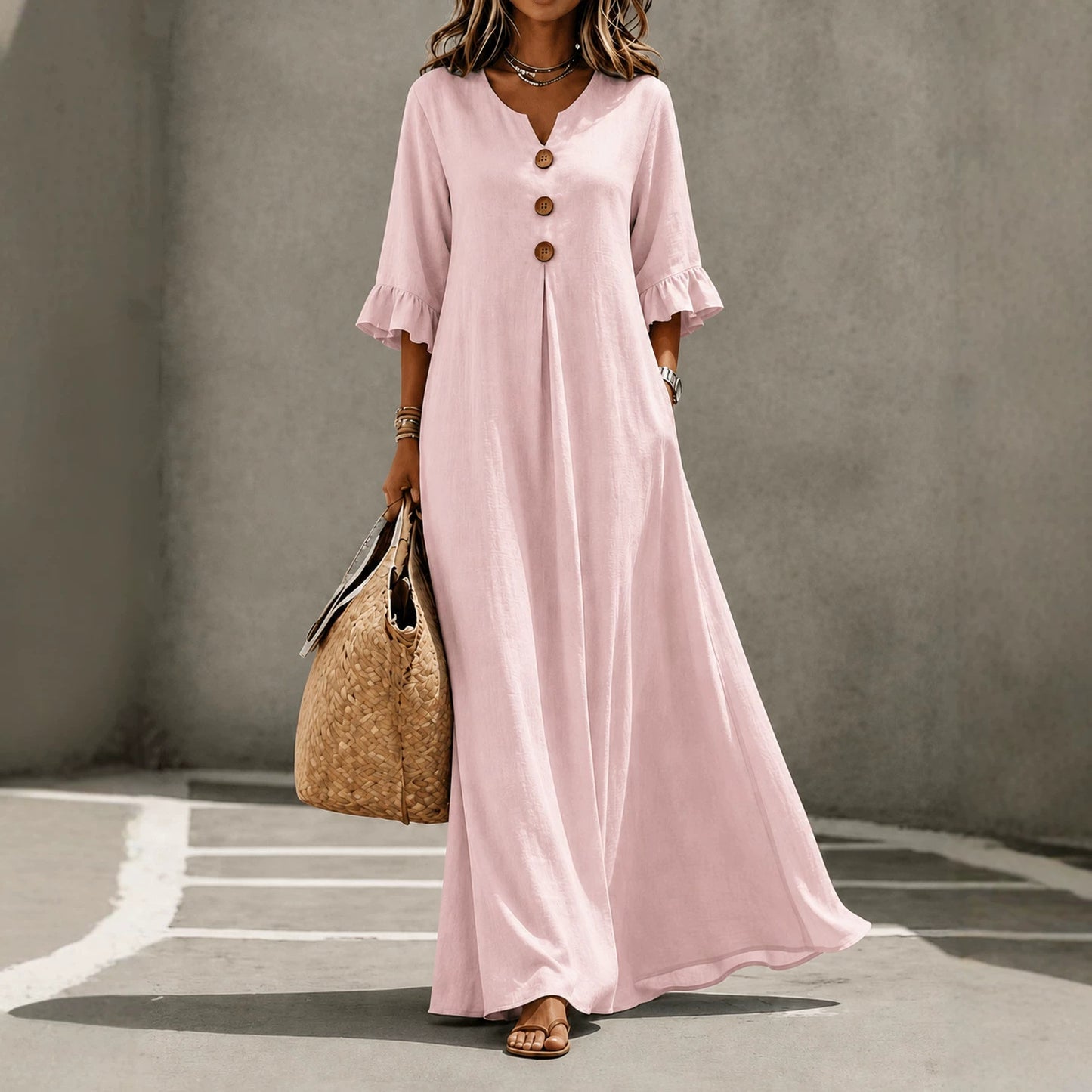 50% zniżki! 👗✨ Sukienka damska z bawełny i lnu, rozmiary S-4XL, falbaniasta, z dekoltem w serek
