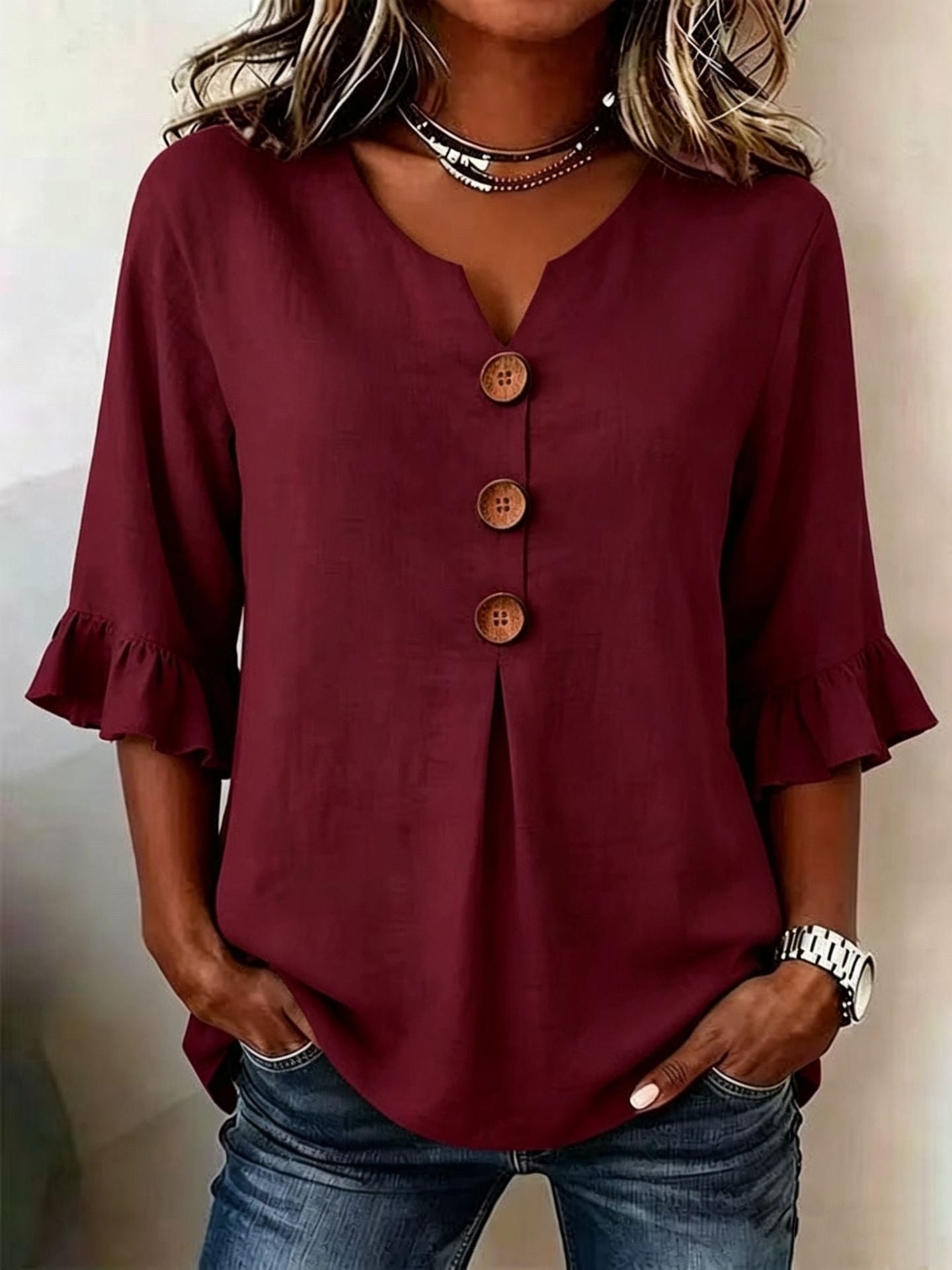 [S-3XL] Nueva camisa de mujer con cuello en V y volantes, mezcla de algodón y lino, con botones: sencilla y elegante.