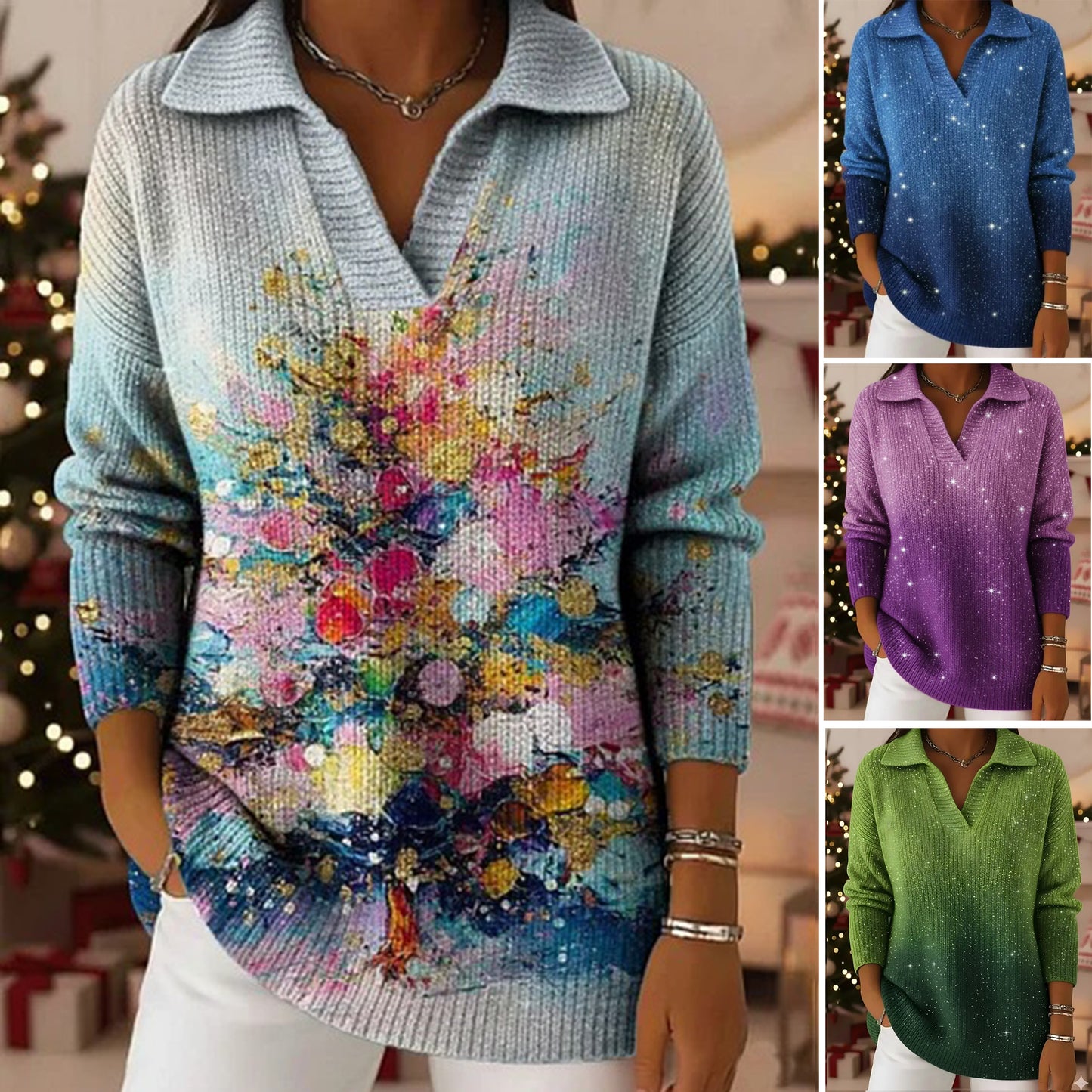 🔥【S-5XL】Csillámos Éjszaka mintaúttöltésű, rúddal ellátott fésűs pulóver-4180844