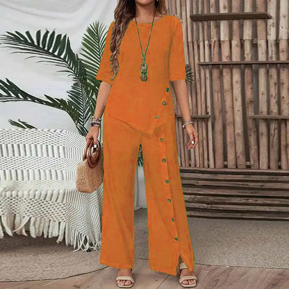 💐【S-5XL】Nuevo conjunto de dos piezas para mujer, bajo irregular, pantalón informal abotonado, corte holgado