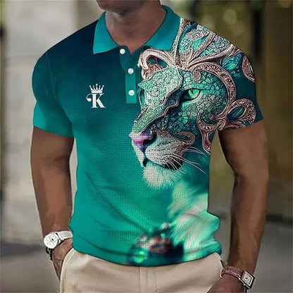 【S-6XL】Męska koszulka polo z nadrukiem 3D z lwem