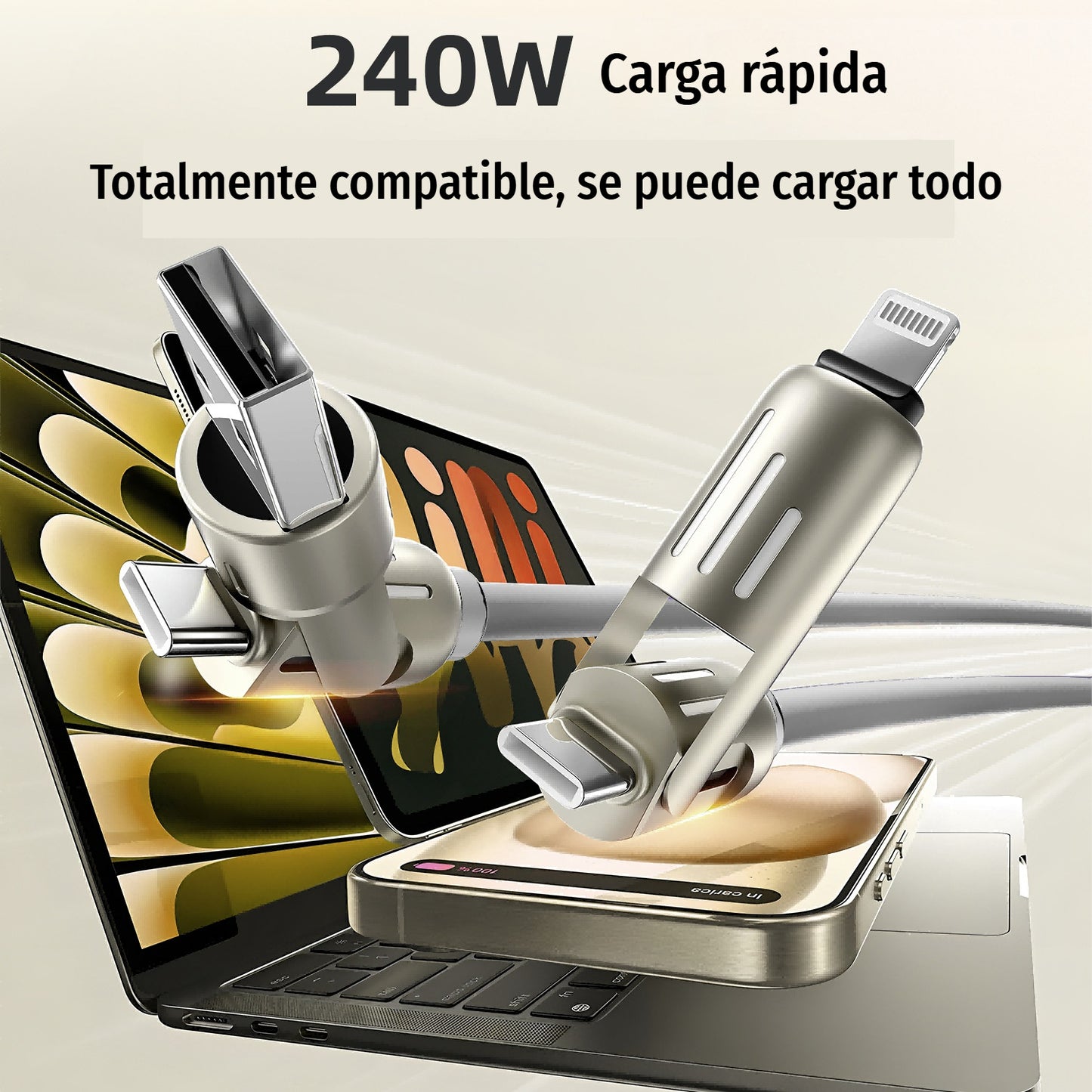 🔥 【2 unidades por 26 euros】 🔥 (2 metros de largo) Cable 4 en 1 PD 240 W – Carga rápida USB‑C, Lightning y USB‑A, aluminio y silicona, sincronización de datos ⚡📱-4330160