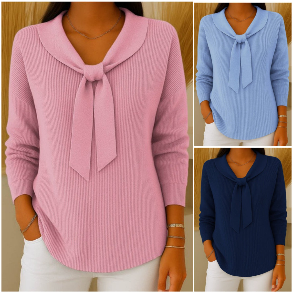 【S~5XL】Sweter damski w jednolitym kolorze z wiązaniem i długim rękawem, swobodny i luźny-4171262