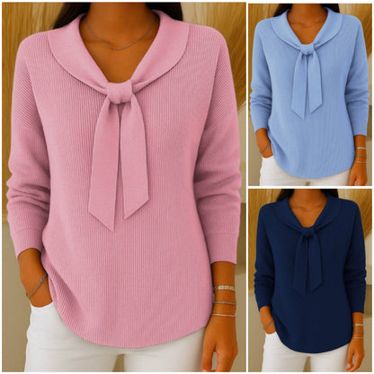 【S~5XL】Sweter damski w jednolitym kolorze z wiązaniem i długim rękawem, swobodny i luźny-4171262