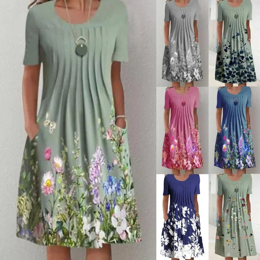 🔥【45 OFF%】🌸🦋Nové dámské šaty s kulatým výstřihem a potiskem（S-3XL）.