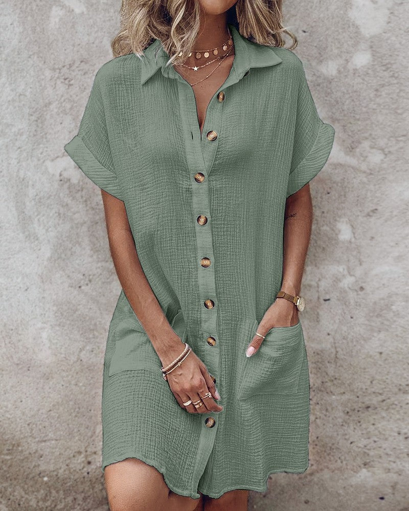【S-2XL】2026 Vestido suelto de lino y algodón de manga corta y largo medio con botones