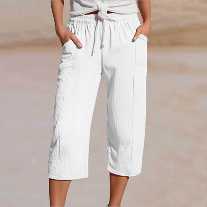 🌸【Compra 1 y llévate 1 gratis】Pantalones cropped plisados de color sólido para mujer, de algodón y lino