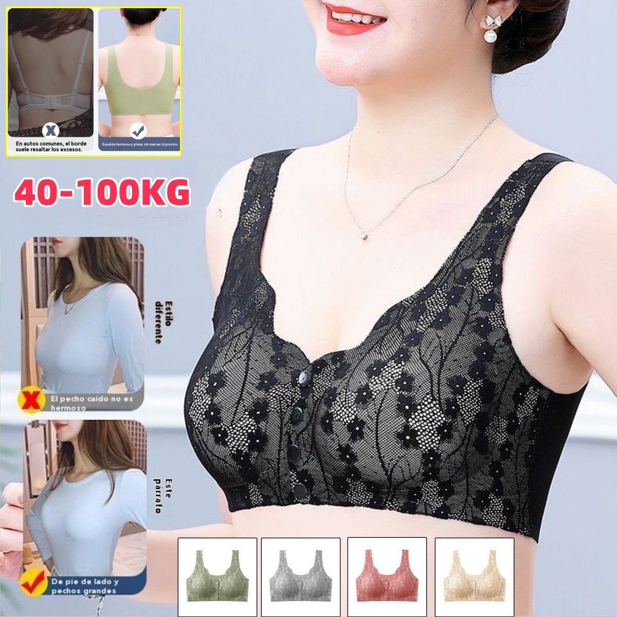 😍【40-100 kg】❤️2026 Nuevo sujetador de cierre frontal sin aros para mujer, tirantes sin costuras, push-up y antiflacidez
