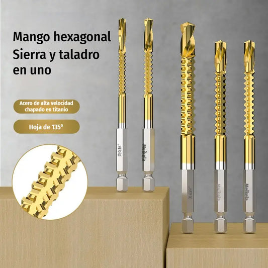 🛠️🔧(6 piezas)Broca helicoidal de acero de alta velocidad con revestimiento de titanio 2 en 1 – Vástago hexagonal, adecuada para taladrar y ranurar madera y metal🔩
