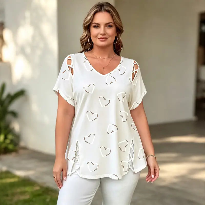 ✨👚【S-5XL】Camiseta de manga corta para mujer con estampado de corazón calado y lazo, a la moda
