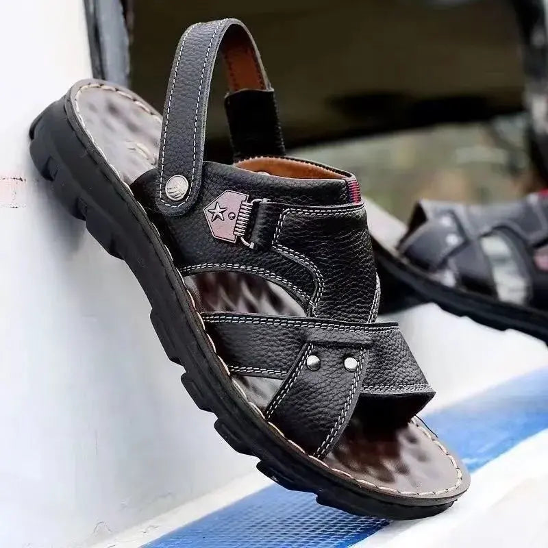 🐂【38-44】Sandalias de playa antideslizantes de cuero genuino con suela blanda para hombre