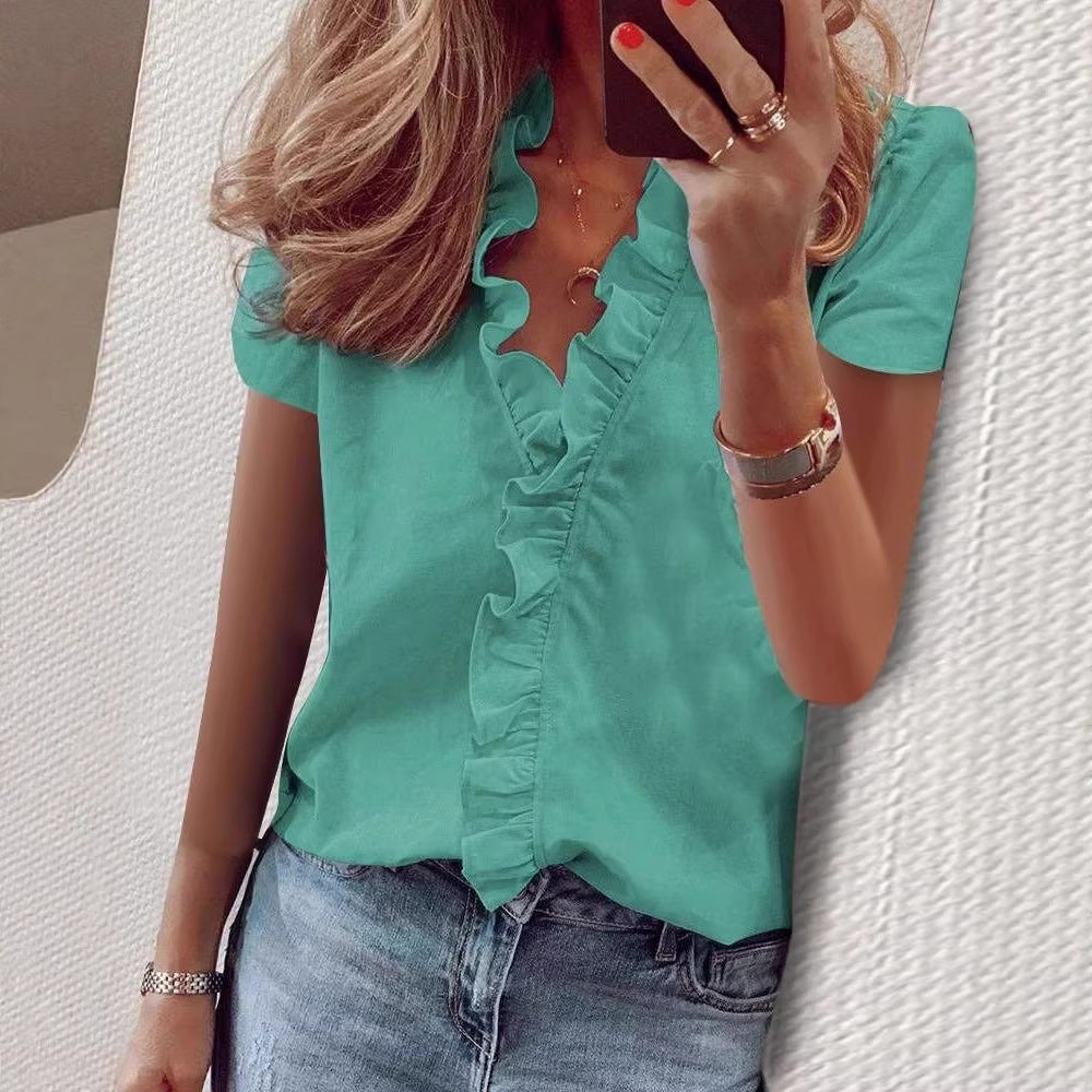 🔥Pago contra entrega✅️【S-5XL】Camiseta casual de manga corta para mujer, diseño con cuello en V y volantes