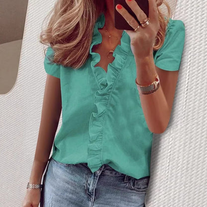 🔥Pago contra entrega✅️【S-5XL】Camiseta casual de manga corta para mujer, diseño con cuello en V y volantes