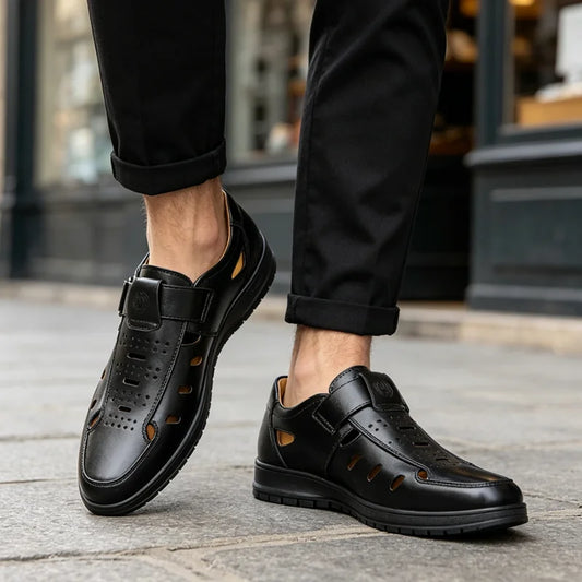 【38-44】👞Sandalias casuales antideslizantes de cuero genuino transpirables con diseño calado para hombre, colección verano 2026