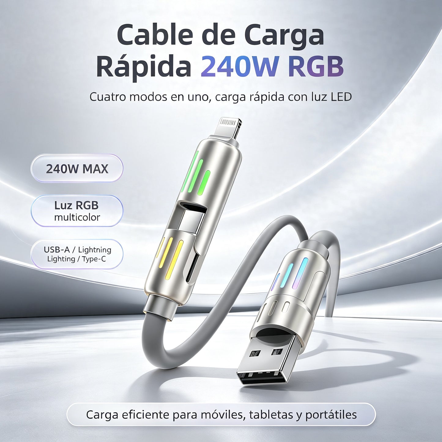 🔥 【2 unidades por 26 euros】 🔥 (2 metros de largo) Cable 4 en 1 PD 240 W – Carga rápida USB‑C, Lightning y USB‑A, aluminio y silicona, sincronización de datos ⚡📱-4330160