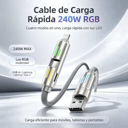🔥 【2 unidades por 26 euros】 🔥 (2 metros de largo) Cable 4 en 1 PD 240 W – Carga rápida USB‑C, Lightning y USB‑A, aluminio y silicona, sincronización de datos ⚡📱-4330160